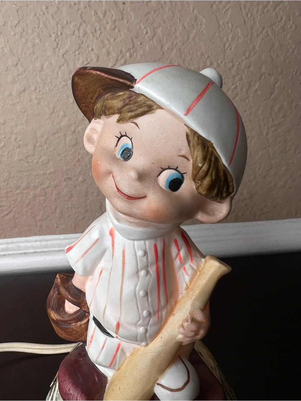 Vintage 1970s Aladdin Giftware Baseball Boy Night Light Ceramic Bisque Lamp